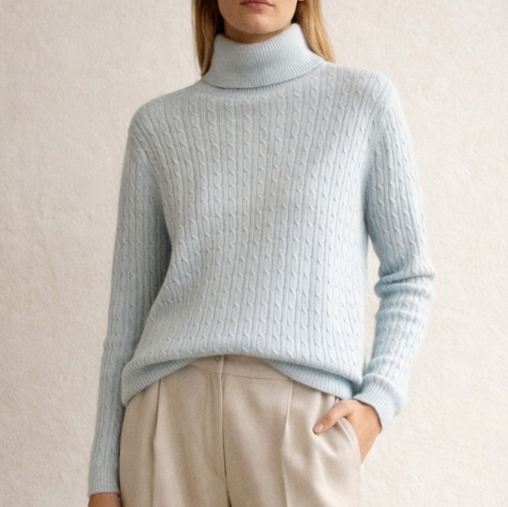 Cashmere Quiet Luxury Old Money Cable Knit Soft Light Blue Turtleneck Sweater